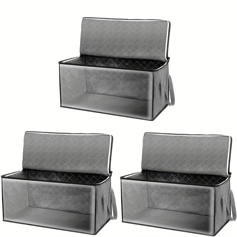 Windowed Clothes Storage Bags, Three-Piece Gray Foldable Organizer Set with Carry Handles for Suitable Blankets, Bedding, Pillows and Closet or Dorm Room Storage