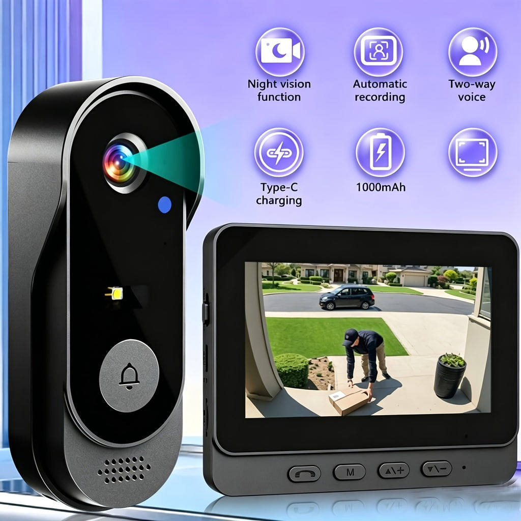 Wireless Video Doorbell Set with Listed 4.3-Inch Display, No-WiFi No-App Connection, Two-Way Intercom and SD Card Support for Home Visitor Viewing