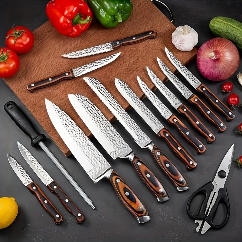 Hammered Kitchen Knife Set in Stainless Steel with Listed Wooden Handles, Storage Block and Sharpener for Home Cooking, 15-PCS or 20-PCS-Black Options