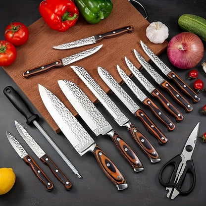 Hammered Kitchen Knife Set in Stainless Steel with Listed Wooden Handles, Storage Block and Sharpener for Home Cooking, 15-PCS or 20-PCS-Black Options