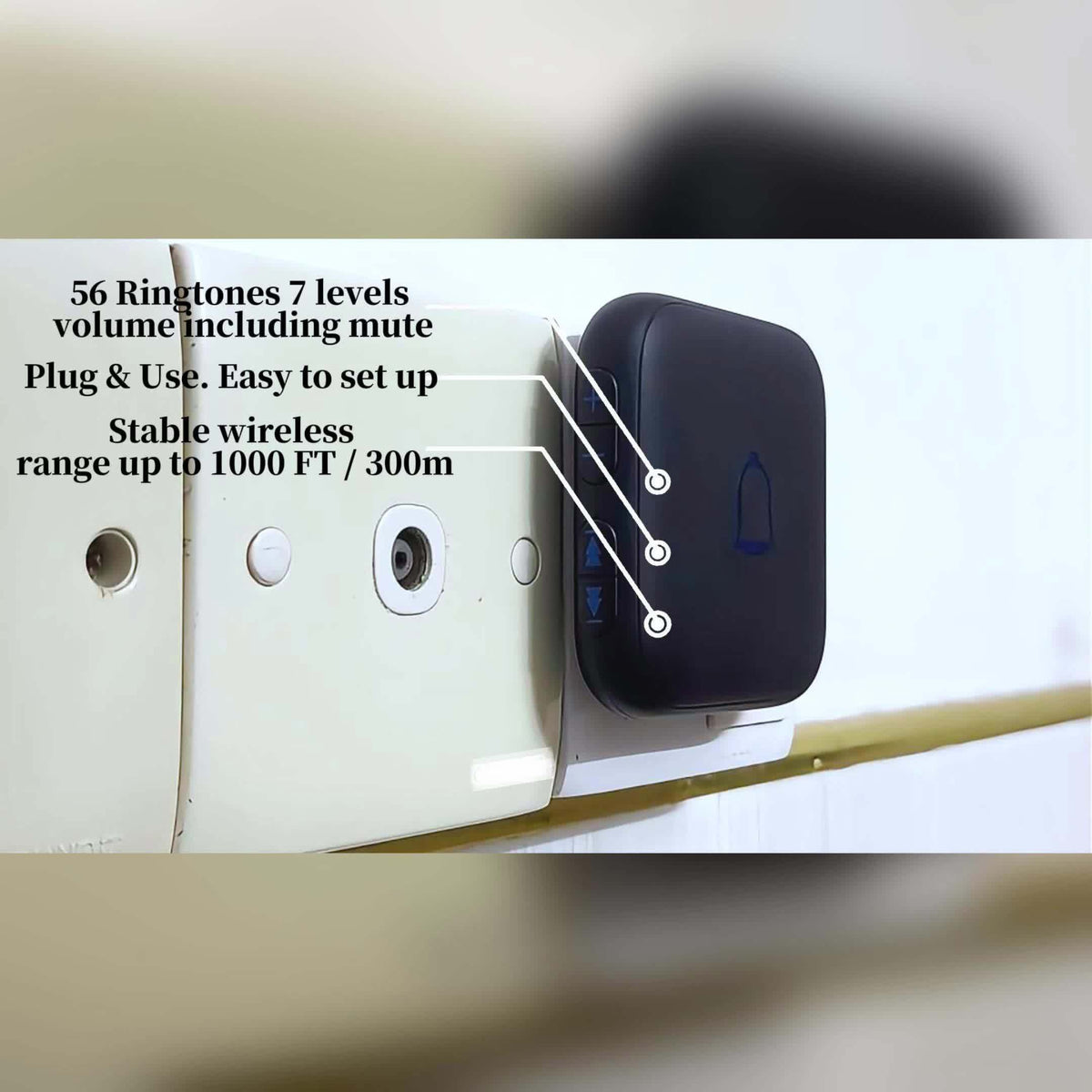 Wireless Doorbell Chime Kit with 1 Button and 2 Chimes, 56 Melodies, 7 Volume Levels and Mute Mode, Listed 1000ft Range for Home and Office