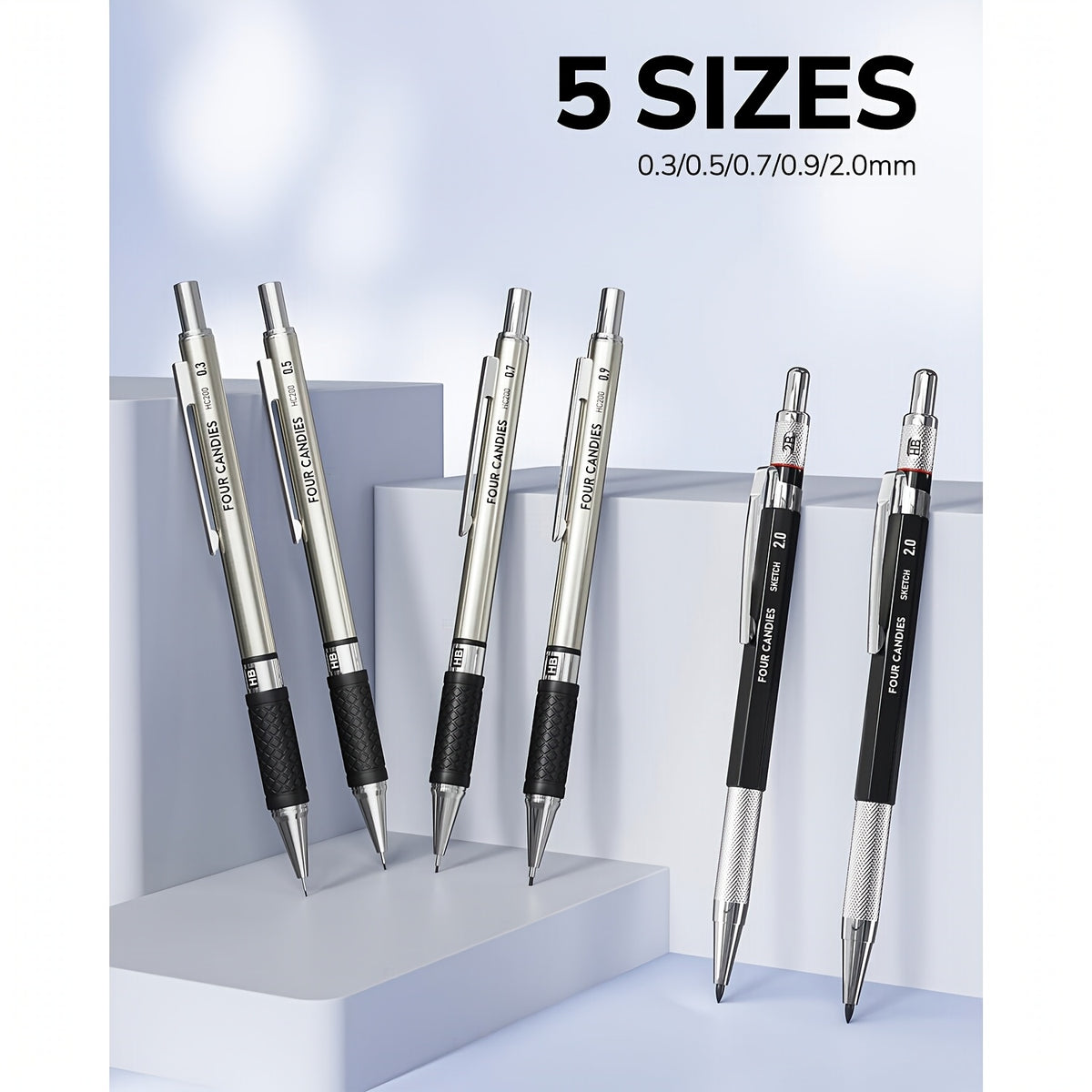 Mechanical Drawing Pencil Set by Four Candies with Case, Four 0.3 to 0.9mm Metal Pencils, Two 2mm Lead Holders and Listed 552 Graphite Refills for Sketching