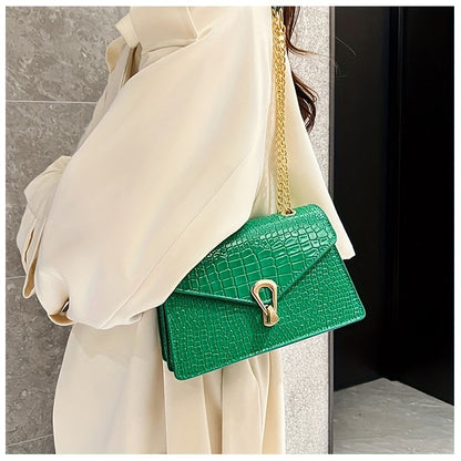 Reptile-Pattern Crossbody Bag for Women with Chain Strap Styling and Gold-Tone Hardware, White, Green or Rose Red Shoulder Purse for Casual and Evening Outfits