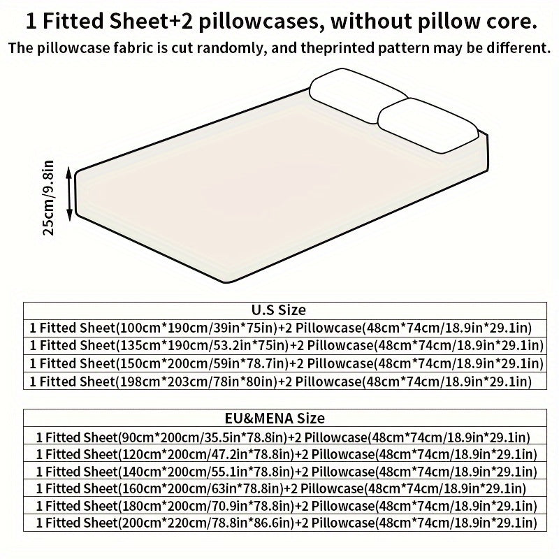Three-Piece Solid Fitted Sheet and Pillowcase Set, One Soft-Feel Mattress Sheet with Two Pillowcases in Ten Size Labels and Six Colors for Home Bedrooms