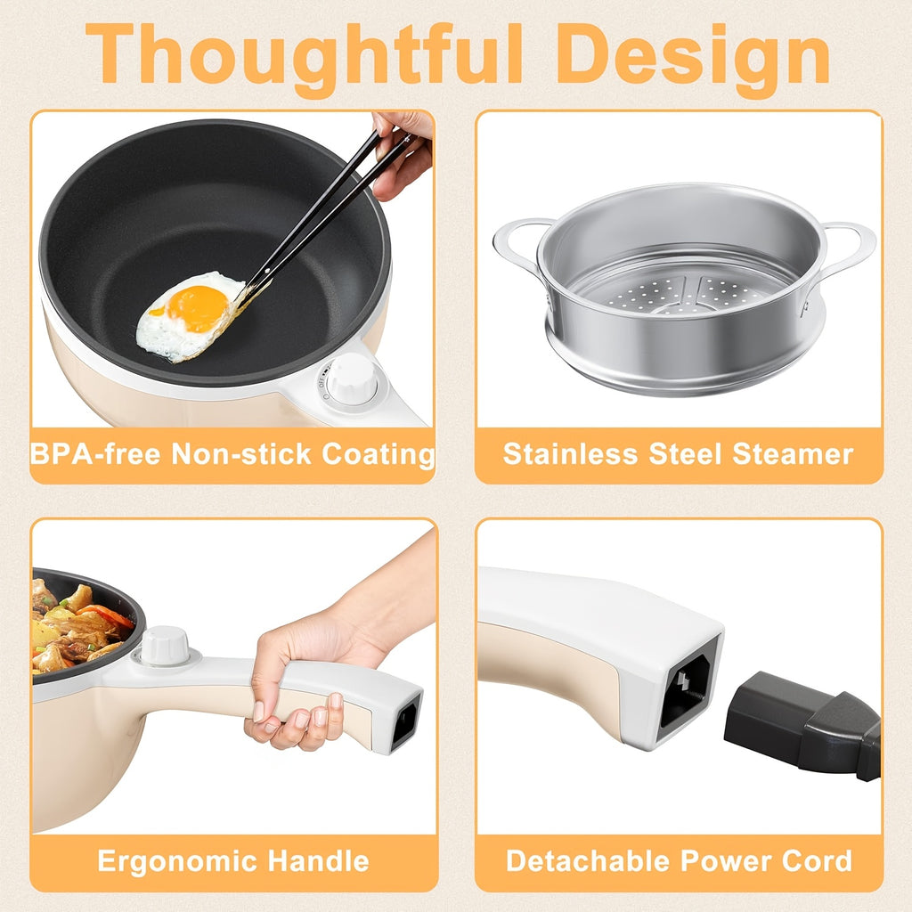 Electric Hot Pot with Steamer and Listed 57.48oz Capacity, Portable Nonstick Mini Skillet with Adjustable Power in Beige or Green for Noodles and Kitchen Meals