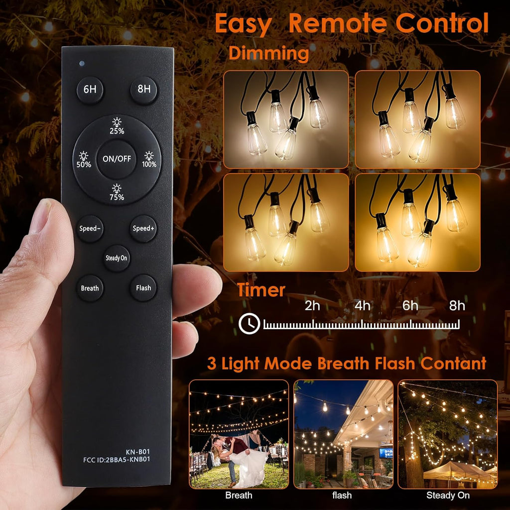 Solar Outdoor String Lights with Remote Control, Dimmable Warm ST38 LED Bulbs, Timer and 3 Lighting Modes for Patio, Garden, Wedding and Holiday Decor
