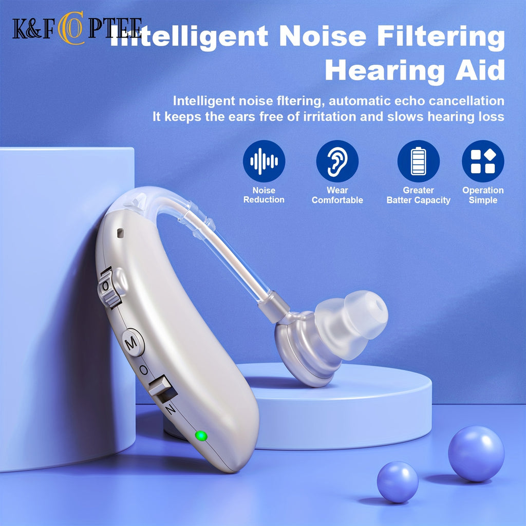 BTE Rechargeable Hearing Aids Pair with Three Frequency Modes, Four Volume Levels, USB Charging and Eight Domes in Silvery, Brown or Blue