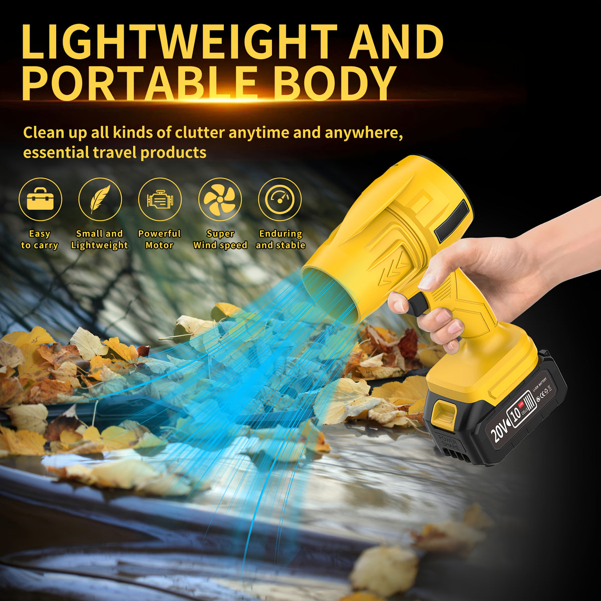 Battery-Powered Leaf Blower with Two-Battery Kit Options, Yellow or Green Cordless Air Blower for Yard Cleanup, Loose Leaves, Dust and Car Drying Projects
