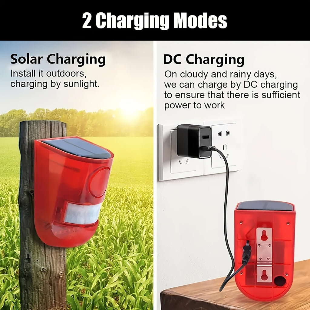 Solar Motion Sensor Alarm 2-Pack with Listed 129dB Siren and 6-LED Flashing Strobe, USB Rechargeable Outdoor Alert Devices for Yard, Farm and Garage Areas