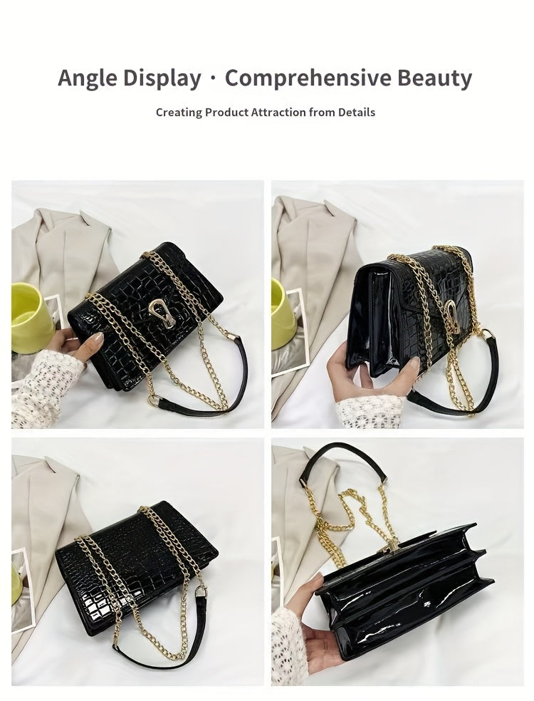 Reptile-Pattern Crossbody Bag for Women with Chain Strap Styling and Gold-Tone Hardware, White, Green or Rose Red Shoulder Purse for Casual and Evening Outfits