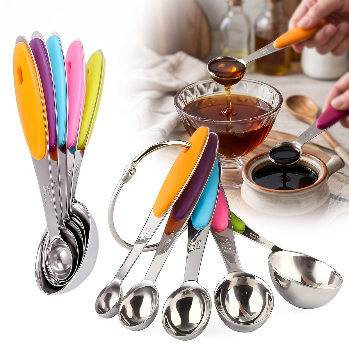 Measuring Spoons with Spare Silicone Handles, Five Stainless Steel Spoons Plus Five Replacement Handles in a 10-Piece Kitchen Cooking and Baking Set