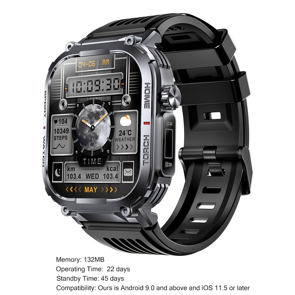 LED Flashlight Calling Smartwatch with Listed 2.02-Inch TFT Screen, Step Counting and Sleep Tracking Features, iOS Android Option for Everyday Wear