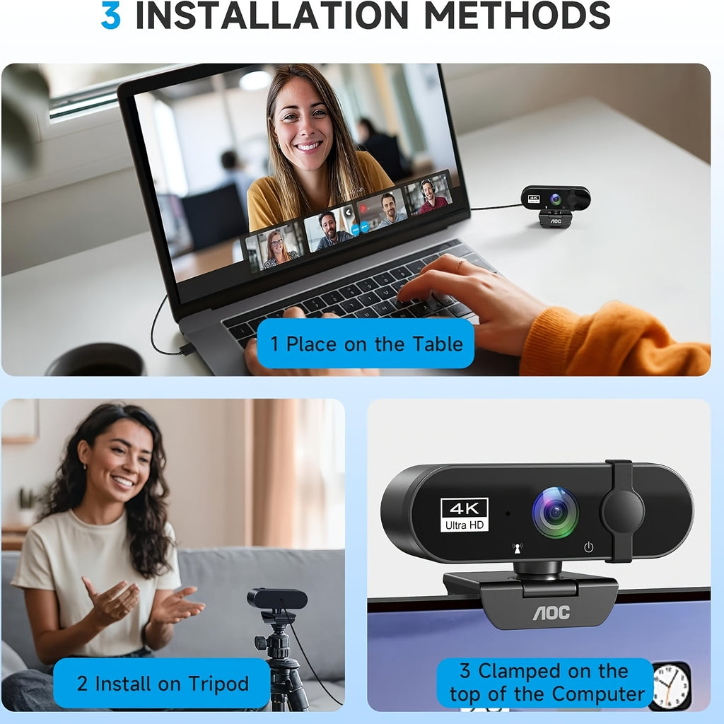 AOC 4K USB Webcam in Starry Black with Microphone, Noise Cancellation, Privacy Cover and 99 Degree Field of View for PC Meetings and Live Streaming