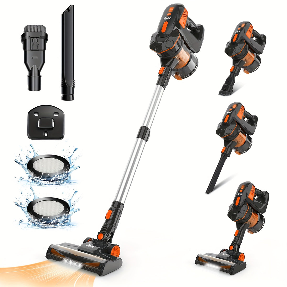 29kPa Portable Vacuum Cleaner by INSE with LED-Lit Nozzle and Listed Attachments for Pet Hair, Carpet, Wood Floor and Car Interior Cleanup in Three Color Options