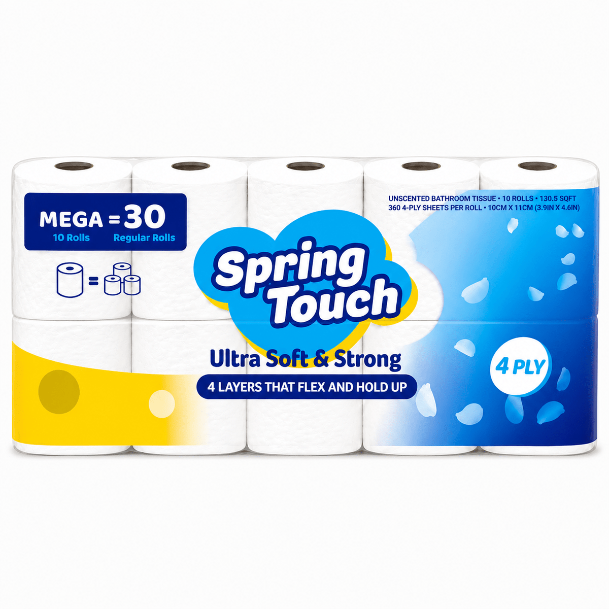 4-Ply Toilet Paper by Spring Touch, Individually Wrapped Unscented Bathroom Tissue Made with 100% Virgin Wood Pulp in 10, 20, 30 or 60 Roll Packs