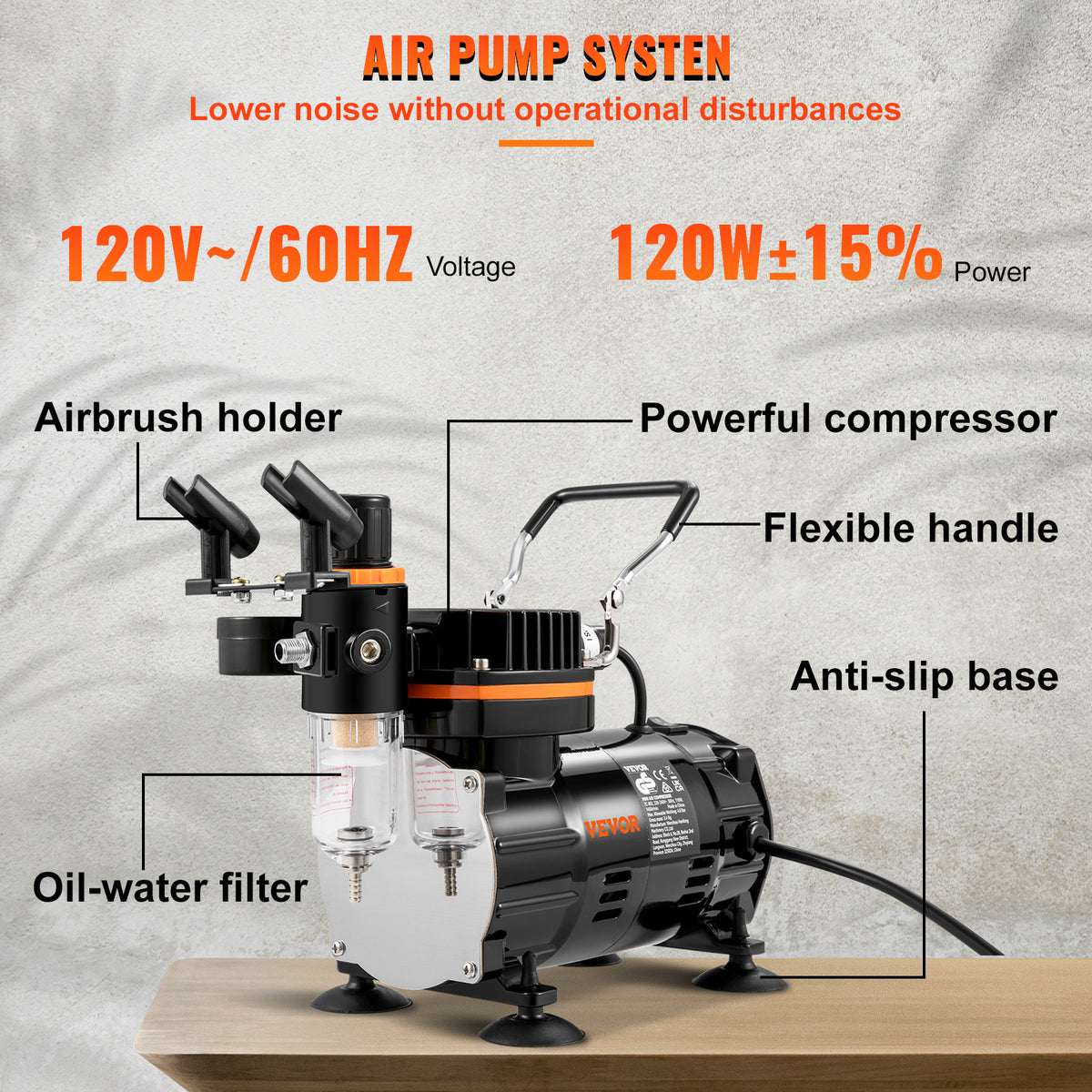 Compressor Airbrush Kit by VEVOR with Listed Dual-Action Gravity Feed Brushes, 0.2, 0.3 and 0.8mm Sizes and 120V 120W Power for Compatible Art and Model Painting
