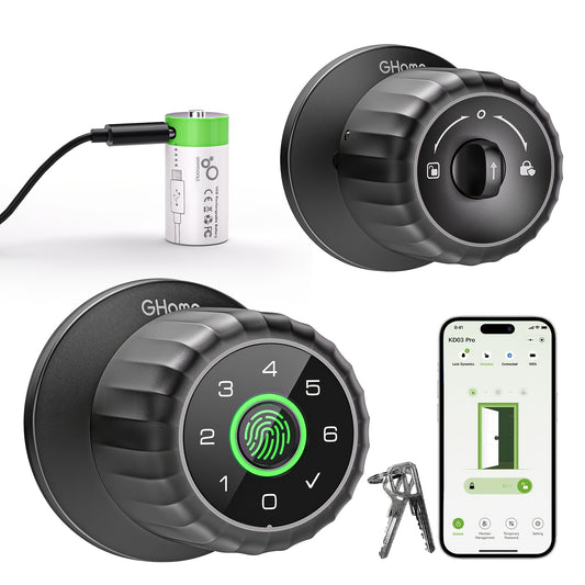 KD03 PRO Fingerprint Door Knob Lock by GHome with Keypad and App Control, Black Smart Lock with Optional Gateway PRO or Two-Battery Bundle for Compatible Doors