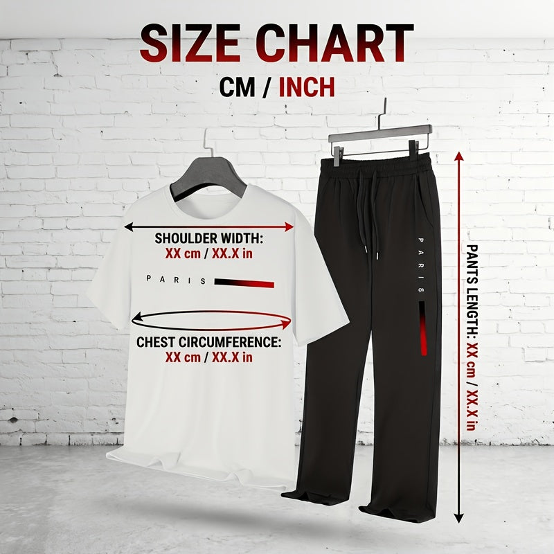 Men's Two-Piece Outfit with Printed Short Sleeve Crew Neck Top and Straight Pants, Seven Color Options and S to XXL Sizes for Casual Spring and Summer Style
