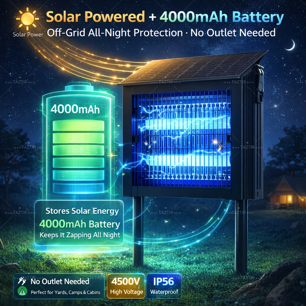 Solar Charging Insect Zapper with Listed 4500V Grid and 4000mAh Battery, Metal Shell Bug Trap with Two Modes for Garden and Patio Placement