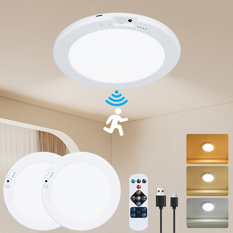 Rechargeable LED Ceiling Lights 2-Pack with Motion Sensor, Remote Control and Magnetic Design, Listed 5500mAh Battery and Three Lighting Modes for Home