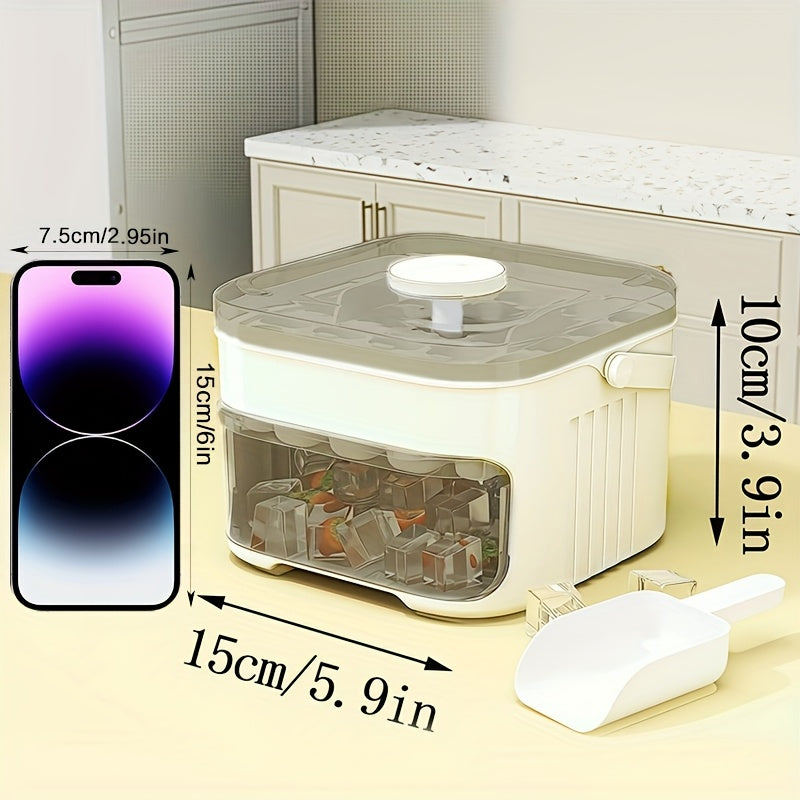 Press-Style Ice Cube Mold and Storage Box, White Dual-Layer Design with Listed Lid for Homemade Ice Preparation and Storage in Compatible Freezer Spaces