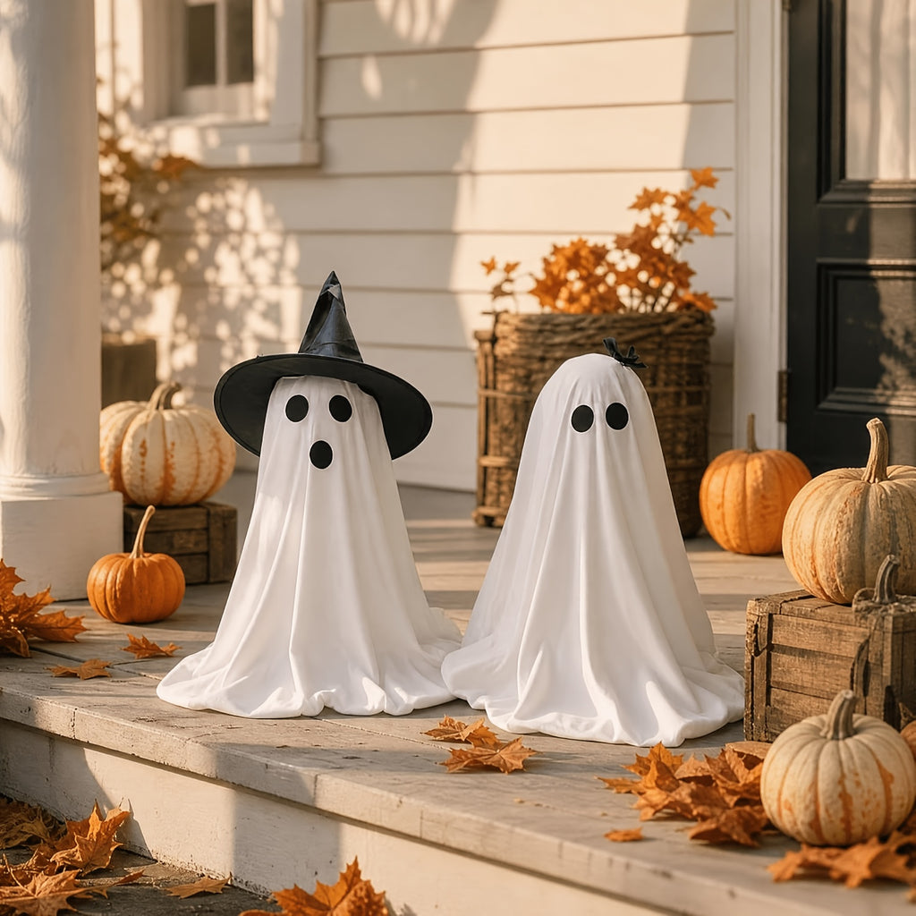Witch Hat Ghost Decorations, Two-Piece Lighted Halloween Display Set with String Lights in White Ghost or Warm Color Options for Seasonal Home and Party Decor