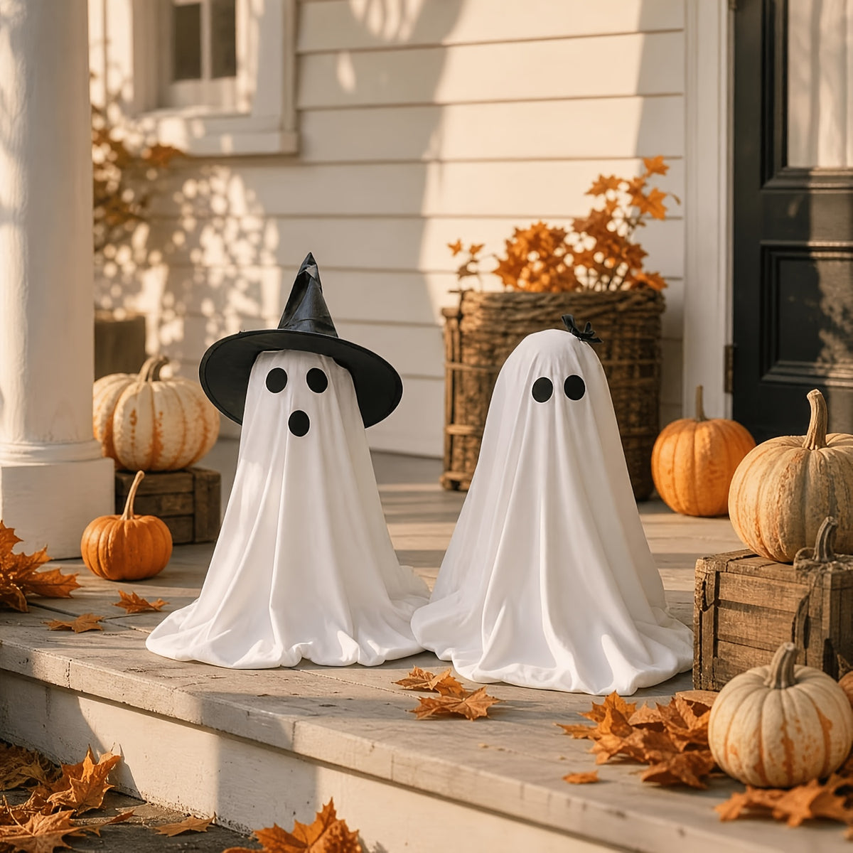 Witch Hat Ghost Decorations, Two-Piece Lighted Halloween Display Set with String Lights in White Ghost or Warm Color Options for Seasonal Home and Party Decor