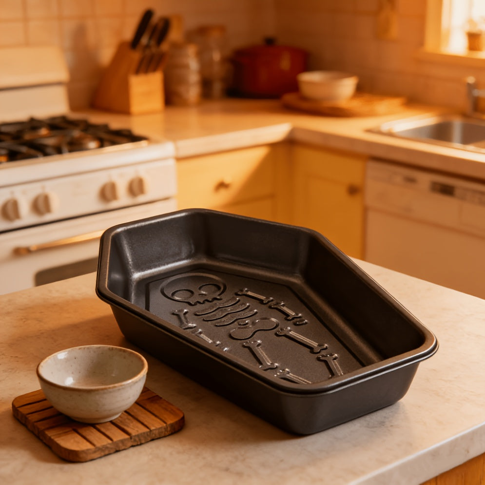 10-inch Coffin Cake Mold with Skull Design, Heavy-duty Carbon Steel Non-stick, Rectangular Baking Mold, Suitable for Halloween Cakes, Cupcakes, And Gothic Desserts. Includes Skull Cake Mold, Halloween Baking Gadgets, And Creative Cake Molds.