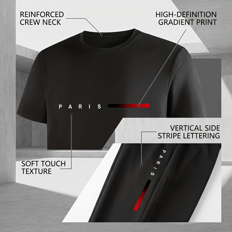 Men's Two-Piece Outfit with Printed Short Sleeve Crew Neck Top and Straight Pants, Seven Color Options and S to XXL Sizes for Casual Spring and Summer Style