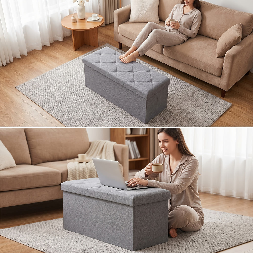 Folding Storage Ottoman Bench in Grey, Padded Seat and Storage Chest with 43-Inch Model Label for Bedroom, Living Room and End-of-Bed Organization