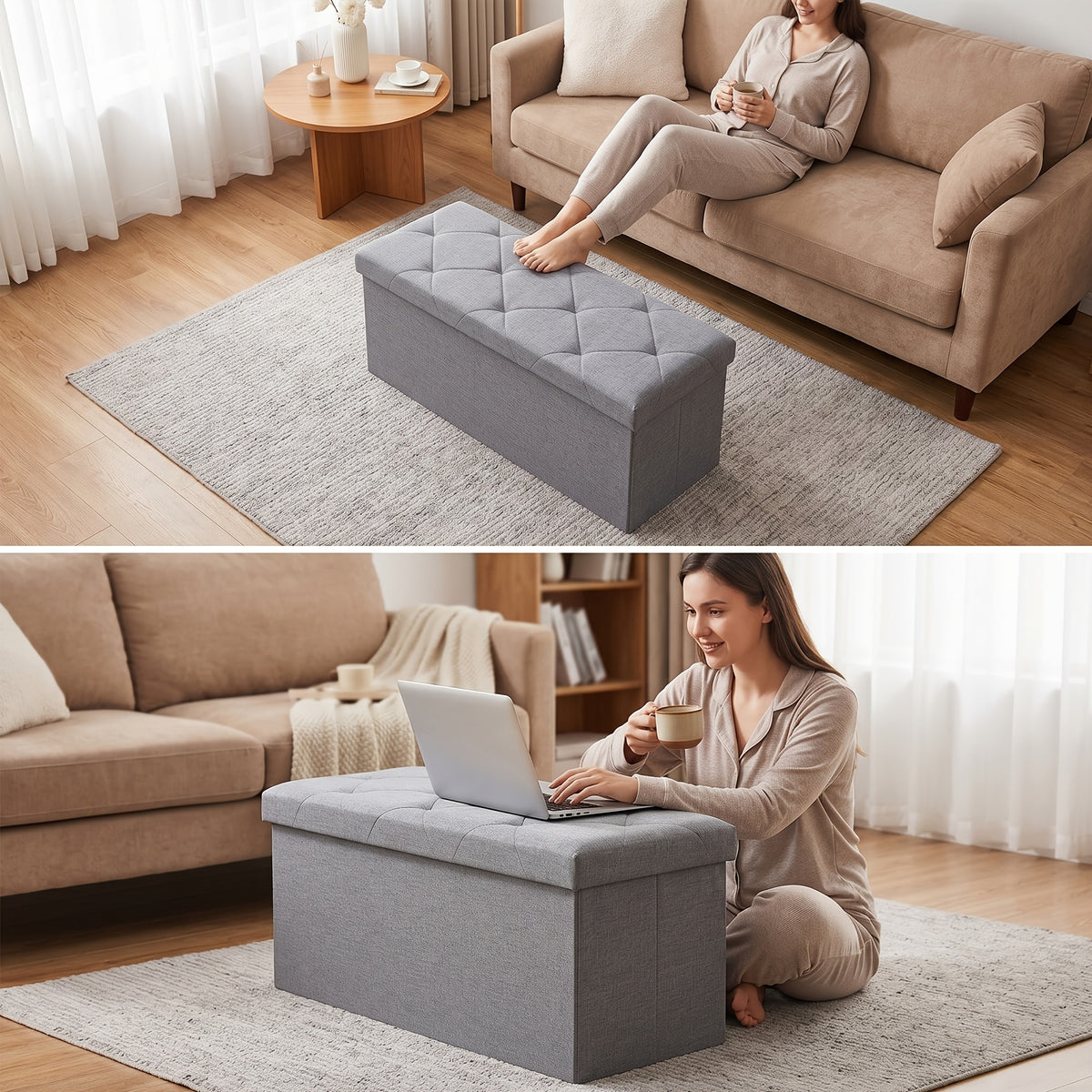 Folding Storage Ottoman Bench in Grey, Padded Seat and Storage Chest with 43-Inch Model Label for Bedroom, Living Room and End-of-Bed Organization