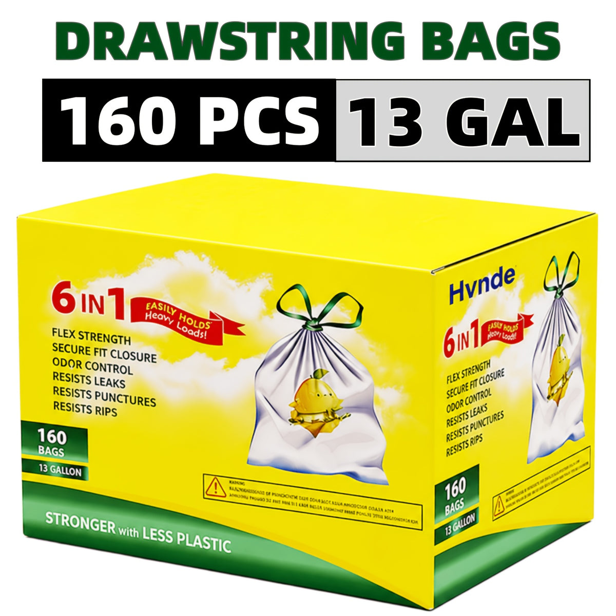 Boxed 13-Gallon Drawstring Garbage Bags, Disposable Household Bin Liners in Style 2 or Style 3 Options for Compatible Kitchen and Garden Waste Containers