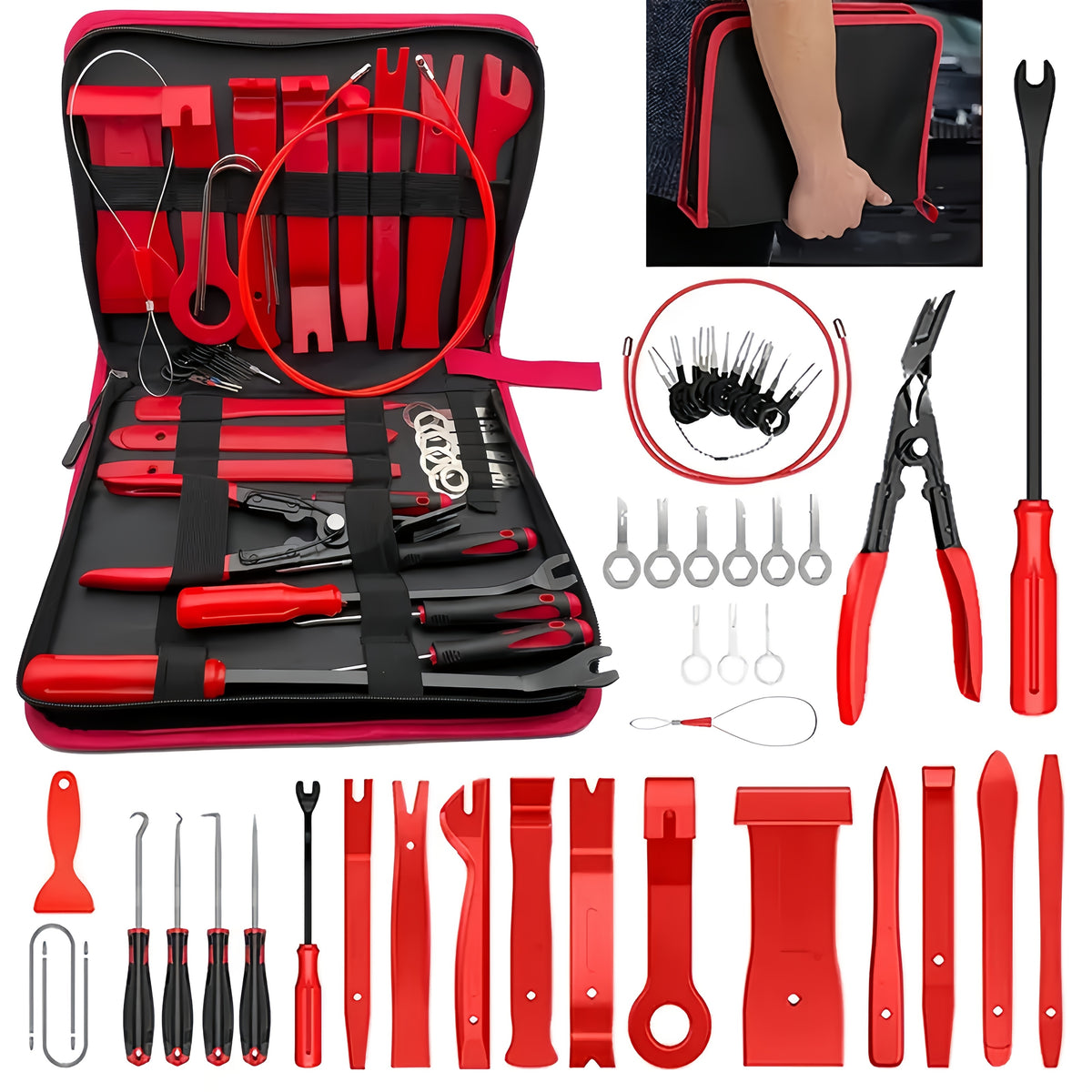 43-Piece Auto Interior Removal Tool Set with Terminal Keys, Pliers, Audio Removal Tools, Hooks, Picks and Film Scrapers for Compatible Car Repair Tasks