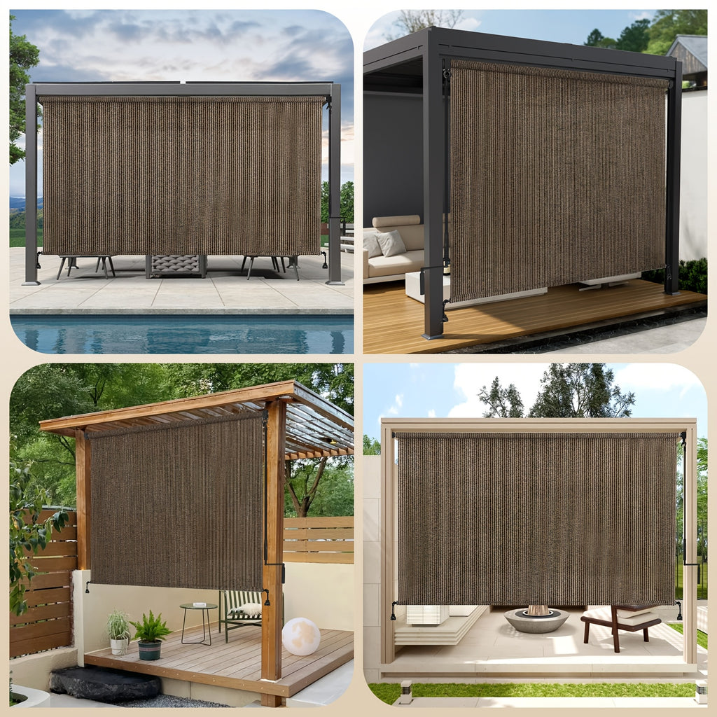 Cordless Patio Roller Shade with One-Piece Fabric and Spliced Pole Design for 6ft, 7ft and 8ft Widths, Gray, Mocha or Coffee Brown Outdoor Roll Up Blind Options