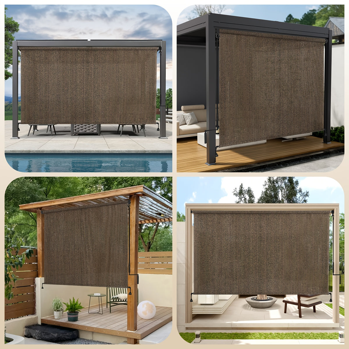 Cordless Patio Roller Shade with One-Piece Fabric and Spliced Pole Design for 6ft, 7ft and 8ft Widths, Gray, Mocha or Coffee Brown Outdoor Roll Up Blind Options