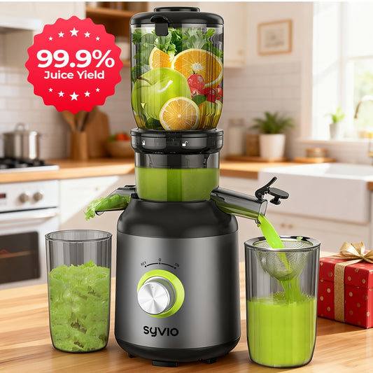 Wide Feed Chute Centrifugal Juicer by Syvio, 450W with 3 Speeds, 4.3-Inch Opening and 3 Interchangeable Strainers for Fruit & Vegetable Juice