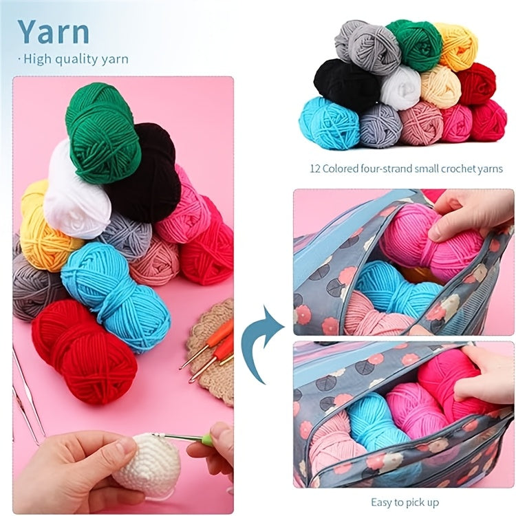 Multicolor Yarn Crochet Kit with Listed 130-Piece Set, Fabric Storage Bag, Hooks, Scissors, Needles and Stitch Markers for Creative DIY Projects and Handmade Gifts