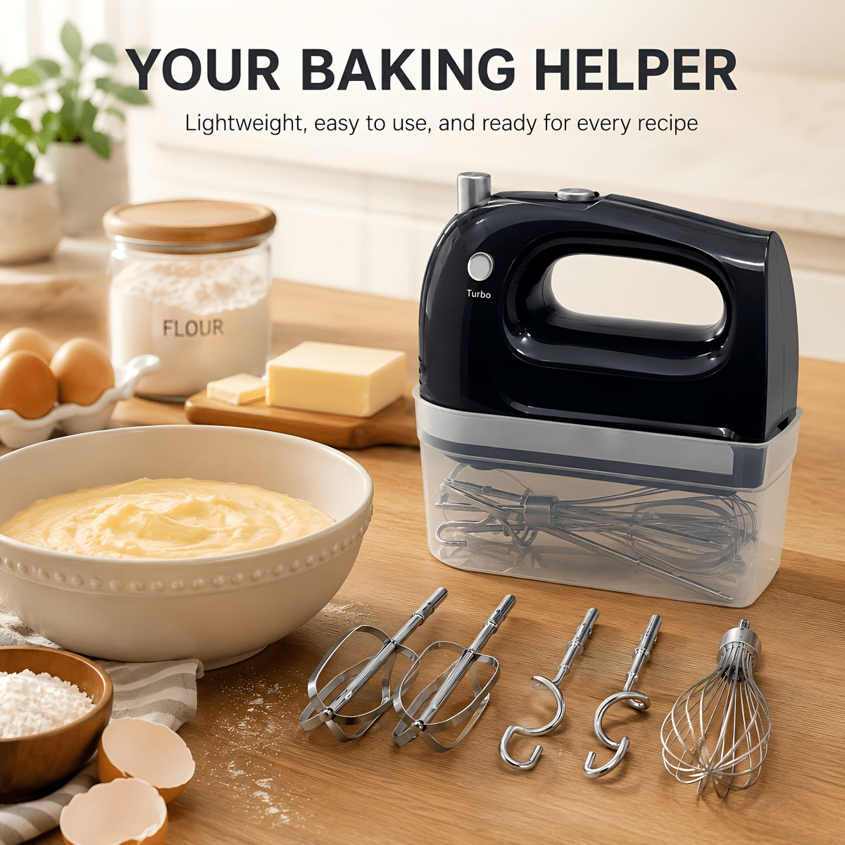 400W Hand Mixer with Five Speeds, Turbo Boost and Eject Button, Listed Five Stainless Steel Attachments and Five Color Options for Cake Batter, Eggs and Cream