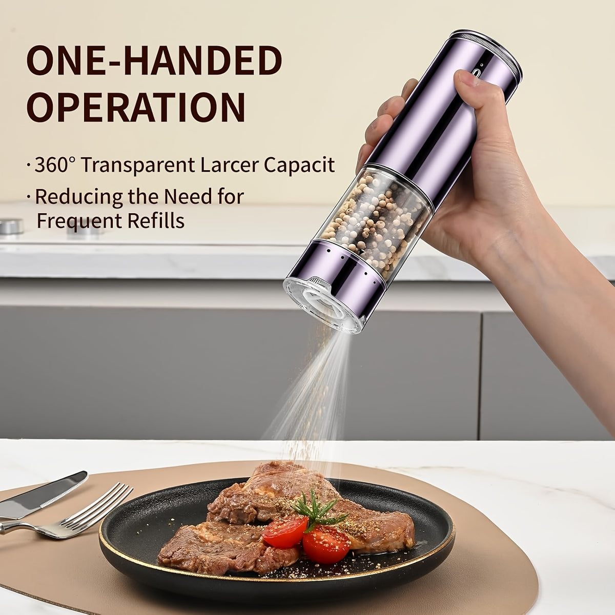 Automatic Salt and Pepper Grinder Set, 2 Refillable Electric Mills in Silvery with LED Light, Adjustable Coarseness and One-Handed Operation for Kitchen Seasoning