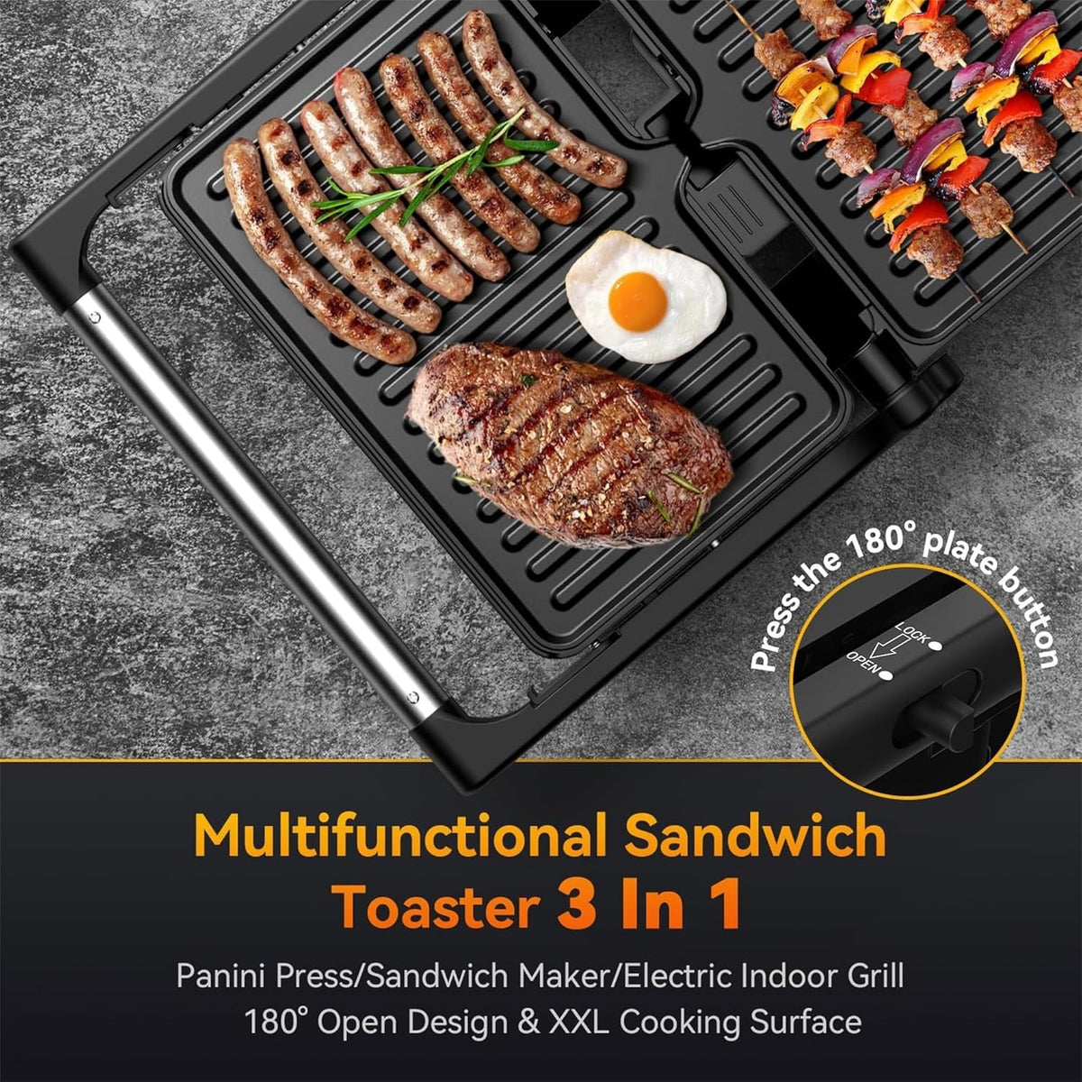 YASHE Panini Grill Press ZJ-521 with 1200W Heating, Nonstick Cast Aluminum Plates, Two-Slice Bread Capacity, 180-Degree Opening and Ready Indicator Lights