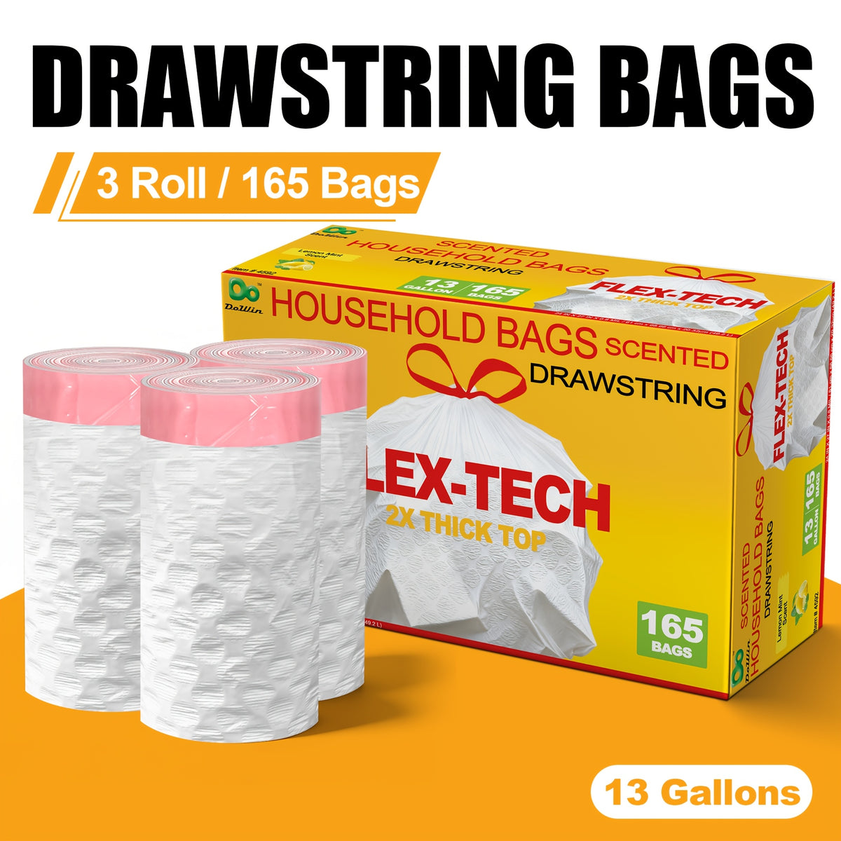 Lemon Scented Drawstring Trash Bags 13 Gallon, White Disposable Kitchen Bin Liners with Boxed Packaging Reference and 20, 55, 110 or 165 Quantity Labels