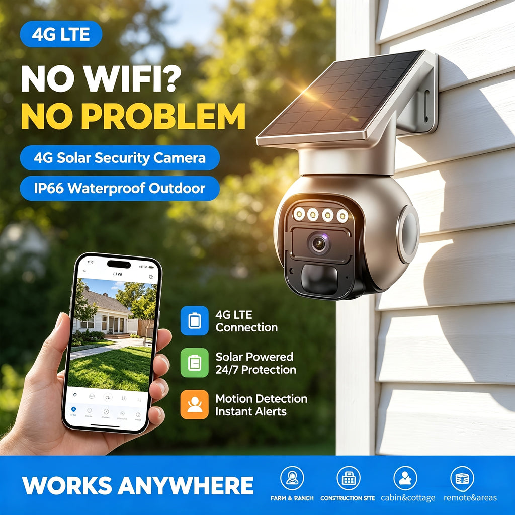 3MP Cellular Solar Security Camera with No-WiFi 4G LTE, Pan Tilt Human Tracking, Night Vision and Two-Way Audio for Farm, Ranch and Rural Home Monitoring