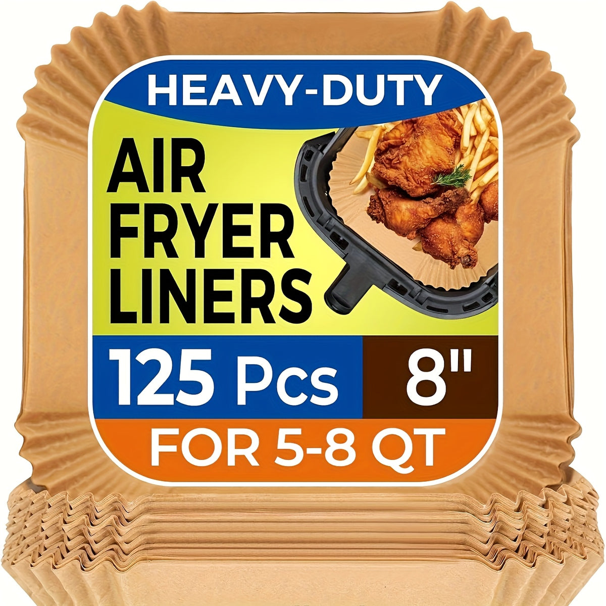 Disposable Air Fryer Paper Liners, 8-Inch Square Bleach-Free Nonstick Baking Liners in 125 or 250 Count Options for Compatible 5–8QT Baskets