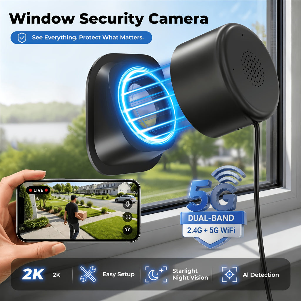 Dual-Band WiFi Window Camera by WESECUU with 2K Imaging, Color Night Vision, Person and Motion Alerts, Two-Way Audio and Premium Black Stand Option