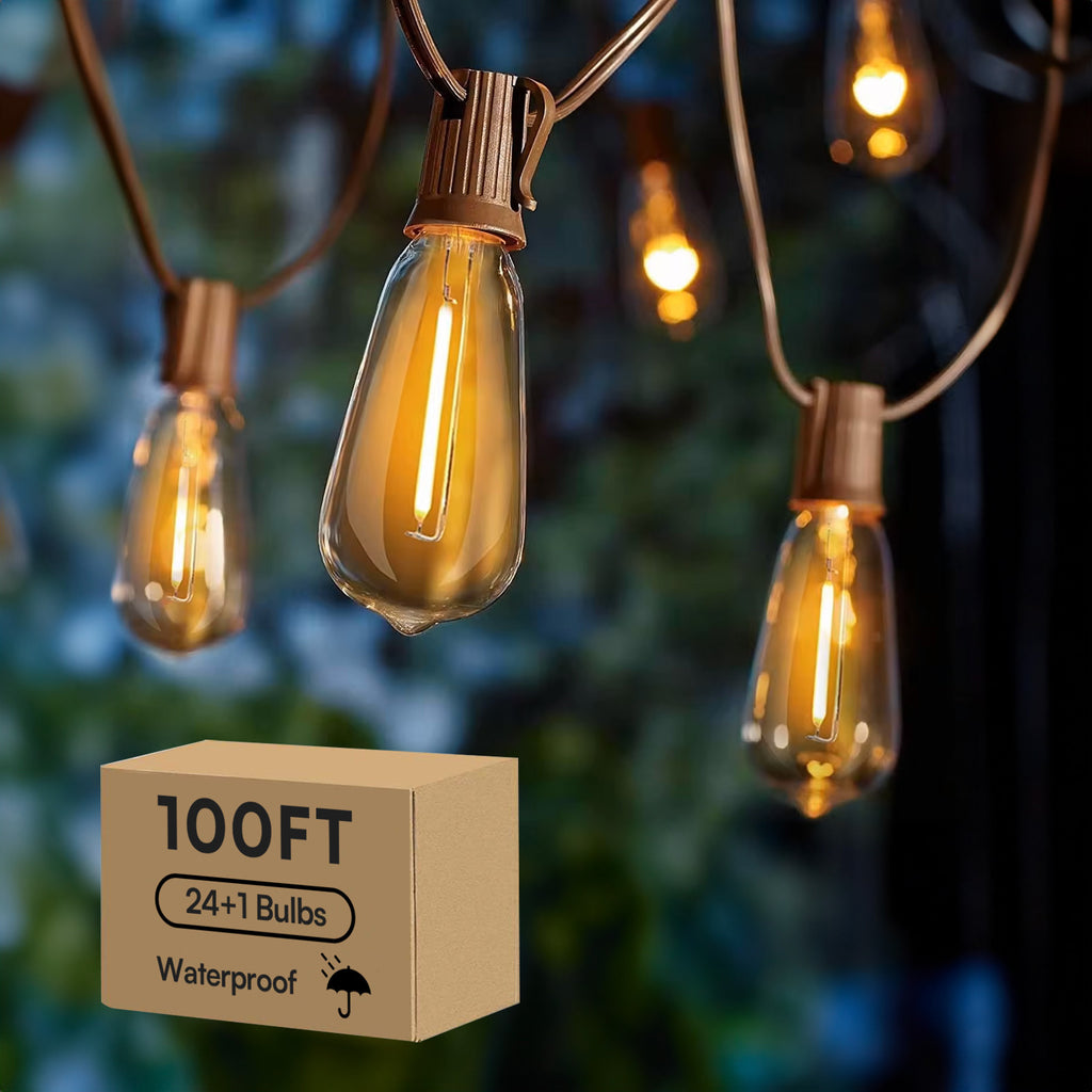 Edison Patio String Lights 100FT with Shatterproof ST38 Bulbs, 2700K Warm White Dimmable Connectable Hanging Lights for Garden, Bistro and Wedding Decor