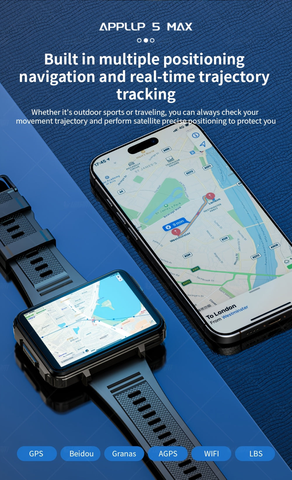 Smart Watch Phone LOKMAT APPLL 5 MAX with 2.4-Inch TFT Display, Dual Cameras and Flashlight, Black 4GB RAM 64GB or 6GB RAM 128GB Storage Options
