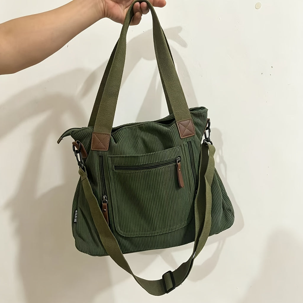 Retro Workwear Corduroy Handbag with Multiple Pockets, Women's Adjustable-Strap Shoulder and Crossbody Bag in Black, Grey or Green for Daily Commuting