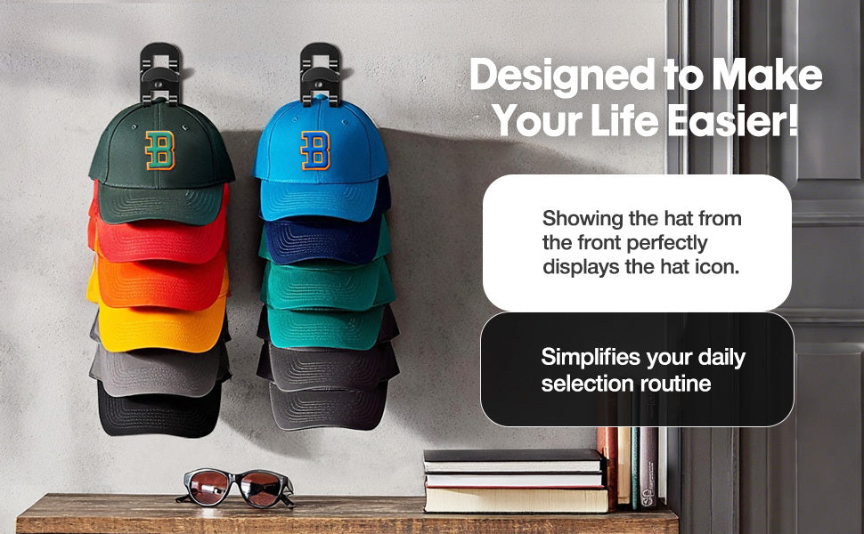 Baseball Cap Rack in Black or White with Multi-Layer Wall Storage, Single Plastic Hat Organizer with Listed Up-to-20-Cap Capacity and Two Mounting References