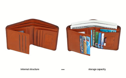 RFID Blocking Leather Wallet for Men with Listed Two ID Windows and Vintage Short Design, Yellow Brown, Grey Blue and Black Bifold Style Options