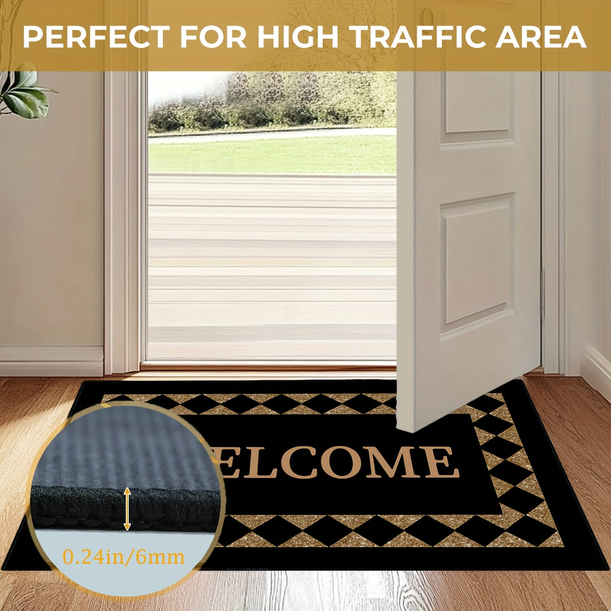 Black Welcome Doormat, Indoor Entrance Floor Mat in 16 x 24 or 20 x 32 Inch Size Options for Home Entryways, Hallway Decor and Housewarming Gift Ideas